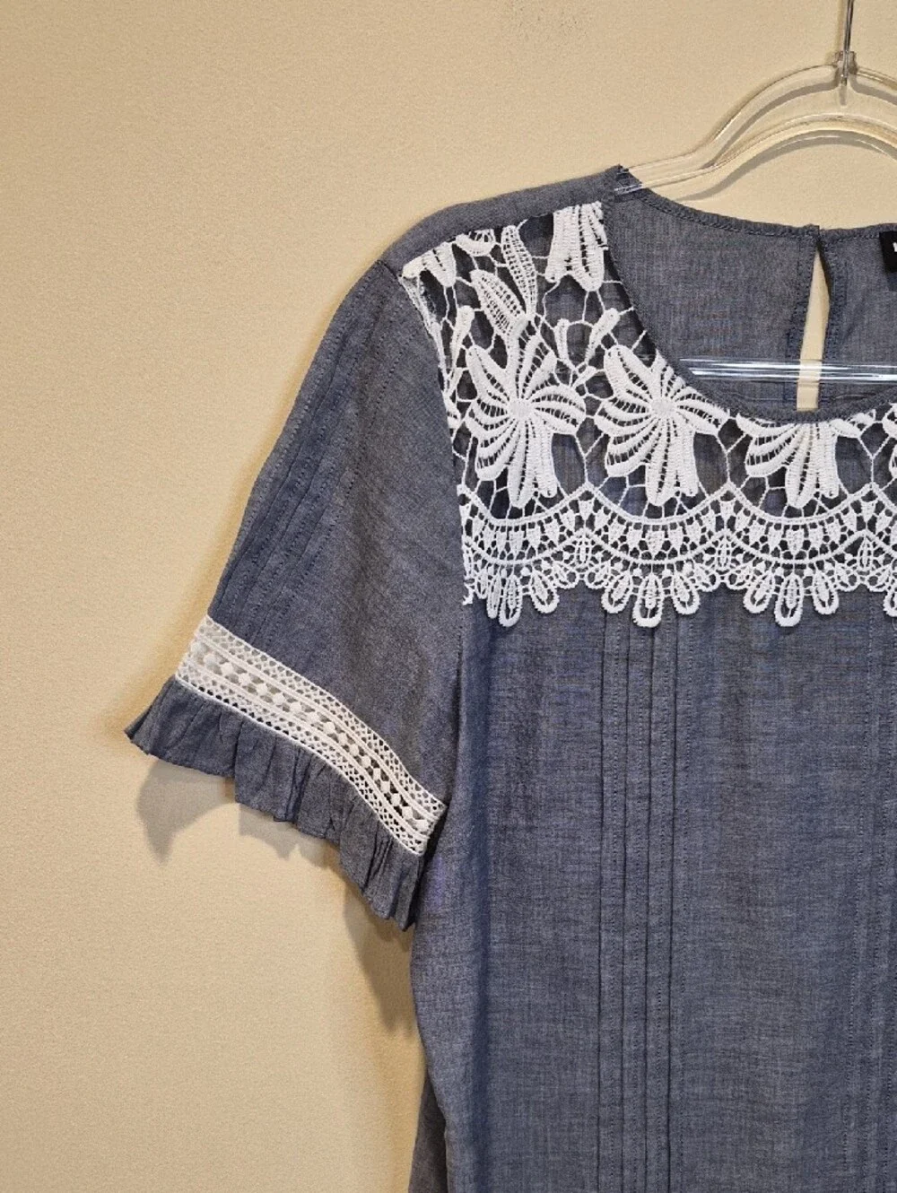 Karl Lagerfeld Cotton Blue Chambray Lace-Yoke Short Sleeve Blouse